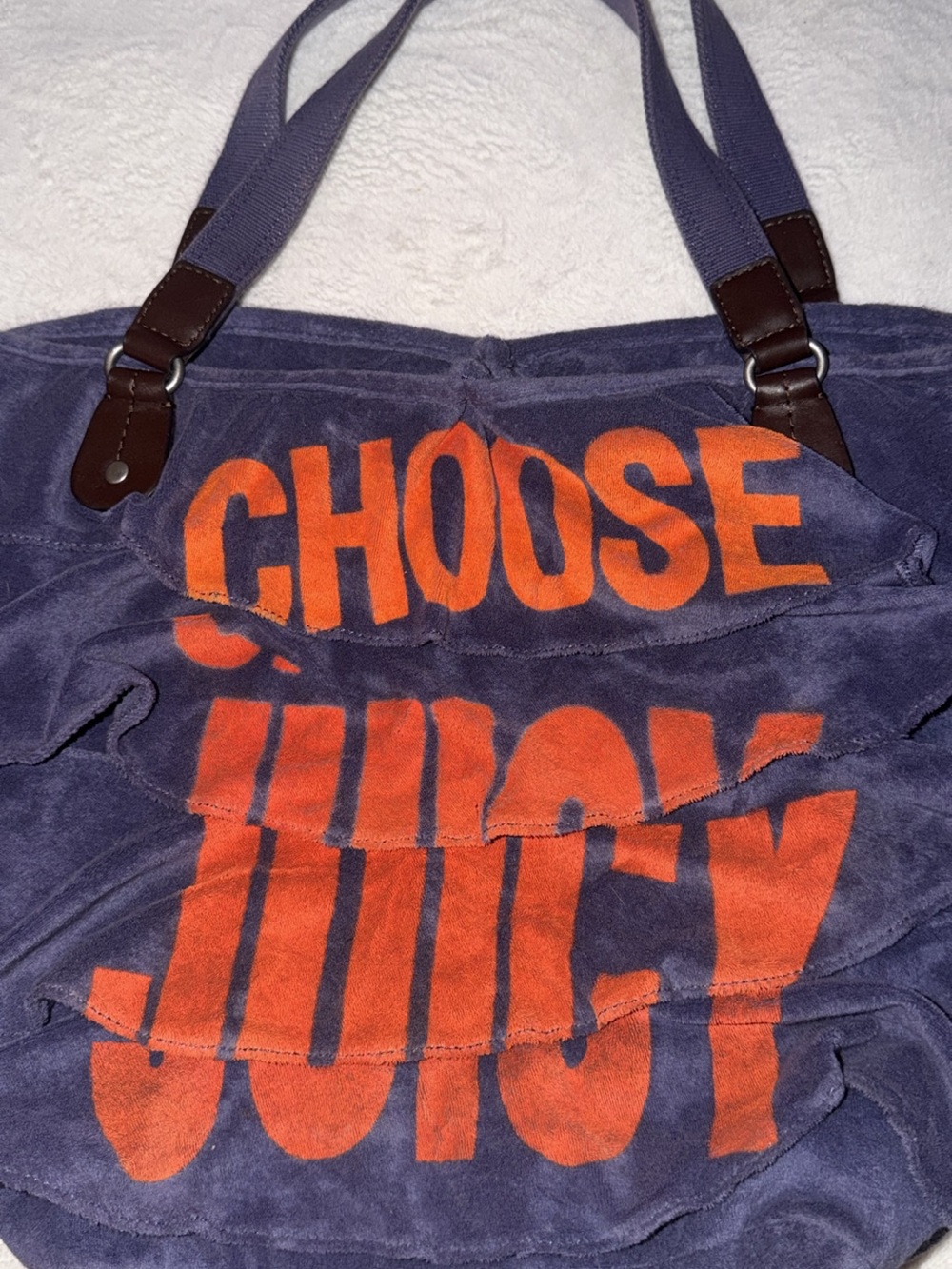 Juicy Couture Navy and Orange 'CHOOSE JUICY' Velour Tote
